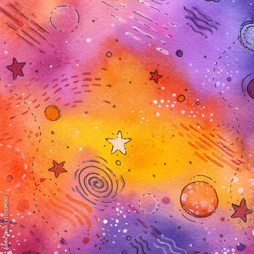abstract colorful background Watercolor hand drawn illustration of a colorful textured space alike background with stars and planets