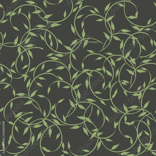 Simple vector floral seamless pattern. Abstract background with leaves, branches, curly twigs. Elegant minimal botanical texture in green color. Subtle repeat design for decoration, wallpaper, print 