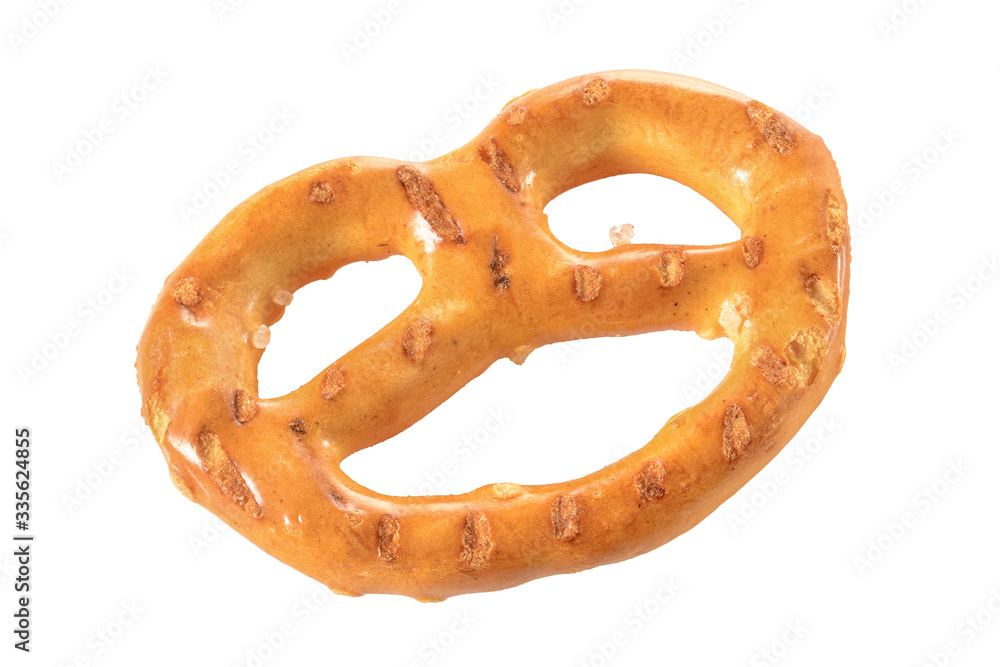 Pretzel, mini snack with salt for beer. Savory backed beer snack. Macro close-up isolated on white background without shadow Pretzel, mini snack with salt for beer. Savory backed beer snack. Macro close-up isolated on white background without shadow