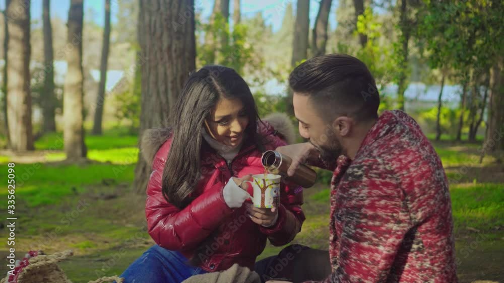 Couple Having Picnic On Grass In Park Drink tea Couple Having Picnic On Grass In Park Drink tea