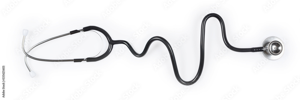 Stethoscope with tube in the electrocardiogram shape. Isolated on white background, banner size.