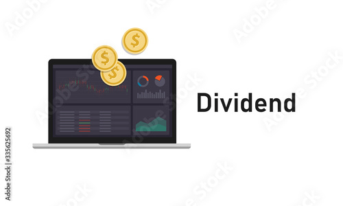 Dividends money paid regularly by a company to its shareholders out of its profits. Screen of stocks candle stick chart and money coin