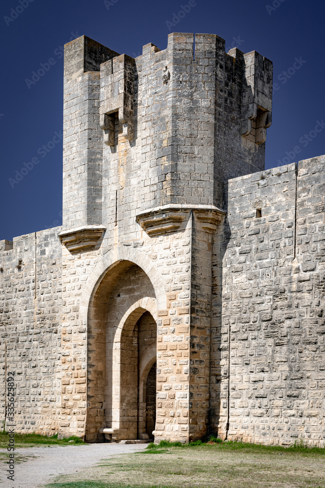 Medieval city walls of Aigues-Mortes, Languedoc Roussillon, France.
