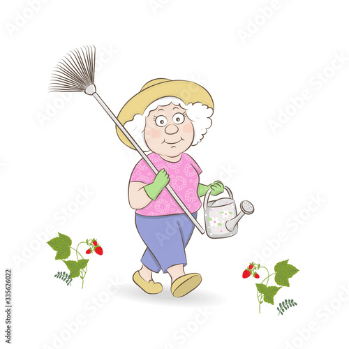 Vector illustration of a cute old lady with a watering can and rake, seasonal work in the garden.The cartoon design.