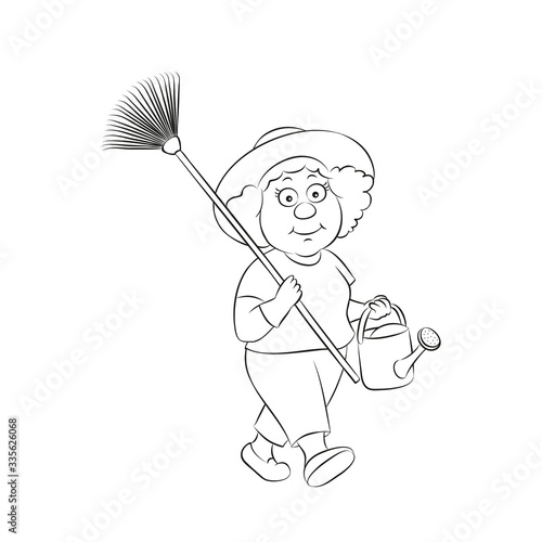 Vector illustration of a cute old lady with a watering can and rake, seasonal work in the garden.The cartoon design.Linear silhouette on a white background.