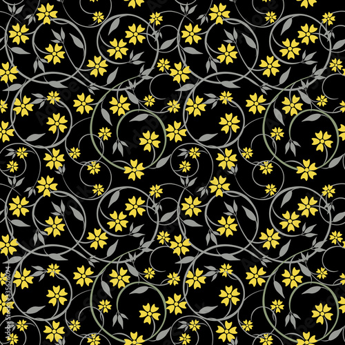 Vector floral seamless pattern. Elegant vintage ornament with small pretty yellow flowers, branches, leaves, twigs. Liberty style millefleurs. Cute abstract background. Repeat design for wallpapers