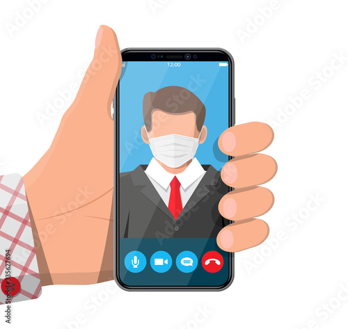 Smartphone with conference. Speaker businessman in medical mask video call online training live stream. Self isolation during covid-19 ncov coronavirus pandemic quarantine. Flat vector illustration