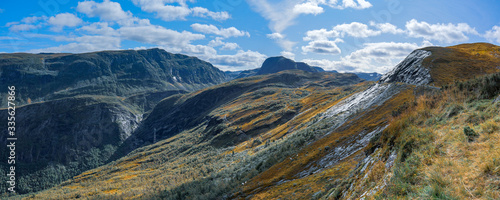 Scenic color graded panorama norwegian mountains sunny day nature landscape. Picturesque valley view , travel Norway, recreation viewpoint © Kathrine Andi