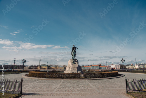 The monument to Peter the Great in Saint Petersburg, Russia during the coronavirus pandemic in April 2020. Empty street.