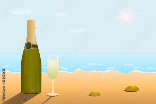 A glass of champagne and a full bottle on the sand by the sea.