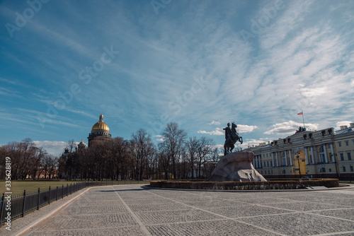 The monument to Peter the Great in Saint Petersburg, Russia during the coronavirus pandemic in April 2020. Empty street.
