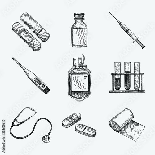 Hand-drawn sketch set of medical patch, plaster, glass bottle, syringe with injection, digital thermometer, blood transfusion bag, medical tubes with liquid, stethoscope, two long pills, bandage roll