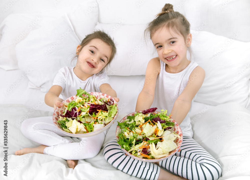 Healthy food, children eat fruits and vegetables.