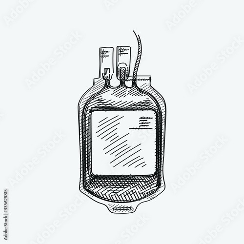 Hand-drawn sketch of bag for intravenous injection and blood transfusion systems. Medical tools. First aid. Transfusion bag. Blood transfusion bag. 