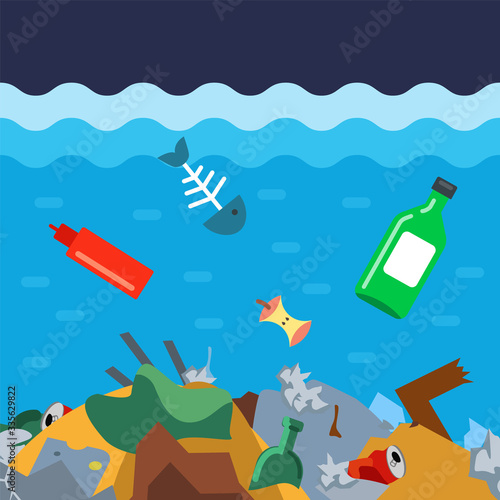 throw garbage to the bottom of the ocean. ecological disaster in the water. flat vector illustration.