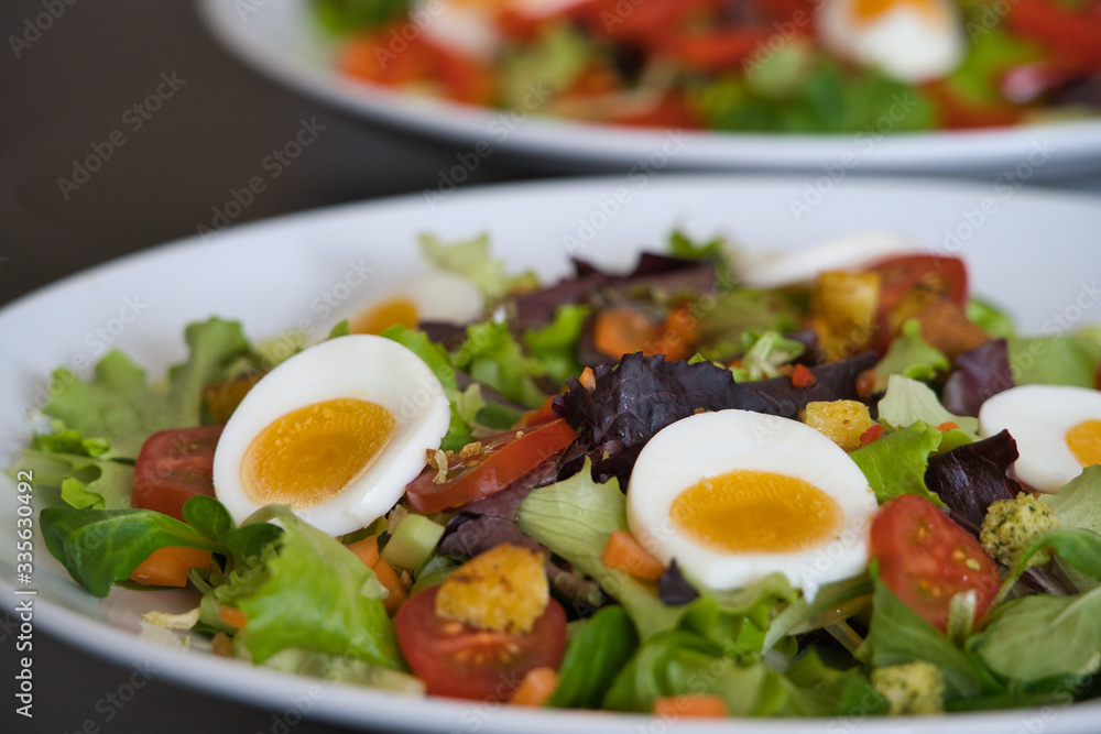 Gemischter Bio Salat Teller mit Tomaten, Eier, Schinken und Croutons, Produktbild Gemischter Bio Salat Teller mit Tomaten, Eier, Schinken und Croutons, Produktbild