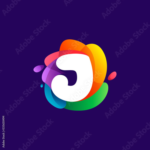 Letter J logo at colorful multicolor gradient splash.
