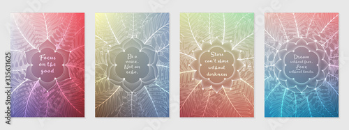 Vector set of cover, banner or poster templates with sacred geometry and place for text; Colorful futuristic gradients; Shiny lotus and tropical palm leaves; Yoga, meditation and mindfulness.