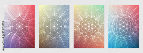 Set of four template for card or poster, vertical format; Spiritual abstract sacred geometry on gradient backgrounds; "Flower of life", lotus, plants and palm leaves; Yoga, meditation and relax.