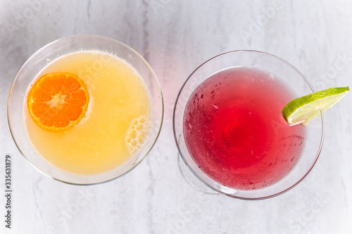 Clementine martini and Cosmopolitan cocktail, overhead view
