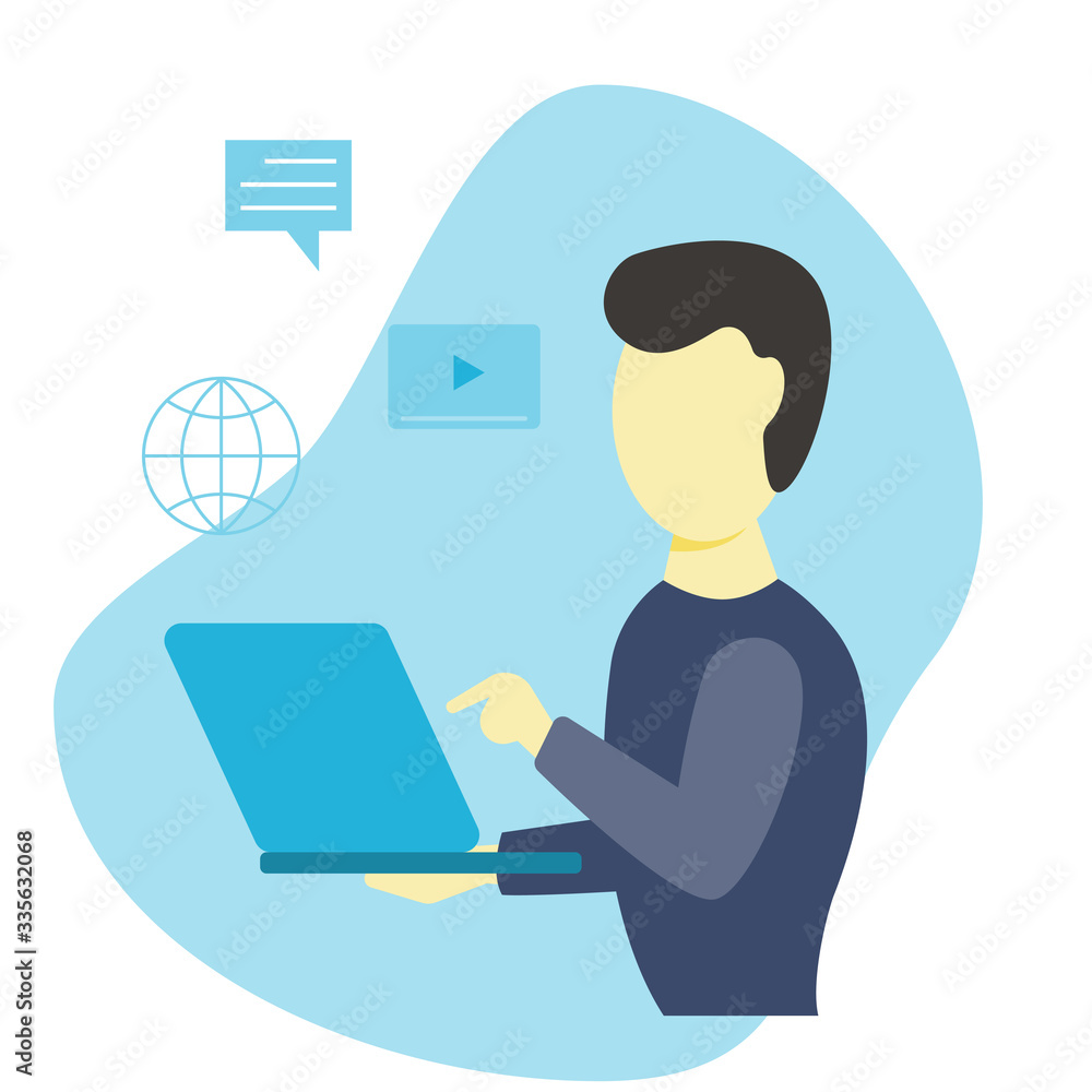 Man goes through online training, Online education, training and courses, learning, video tutorials. Flat design Man goes through online training, Online education, training and courses, learning, video tutorials. Flat design