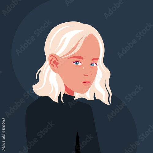 Portrait of a sad little girl. Schoolchild. Avatar of a weep child. Vector flat illustration