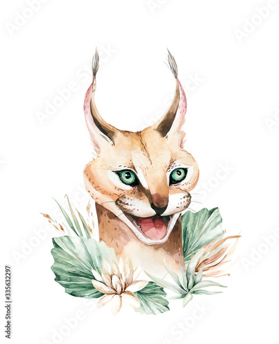 Watercolor serval wilf cat portrait thoroughbred Caracal cat. Watercolor painting african savannah animal