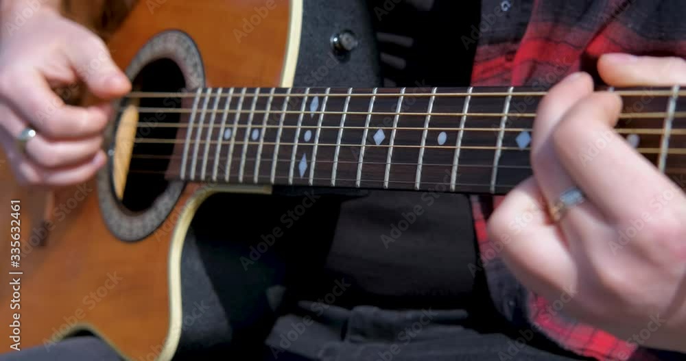 Close up of male hand play on acoustic guitar Close up of male hand play on acoustic guitar