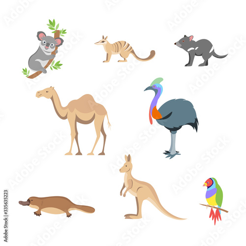 Australia animals set in flat style isolated on white background. Vector stock illustration.