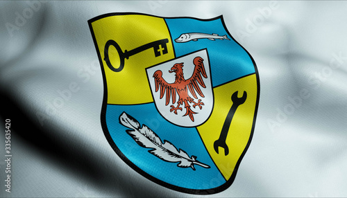 3D Waving Germany City Coat of Arms Flag of Wriezen Closeup View