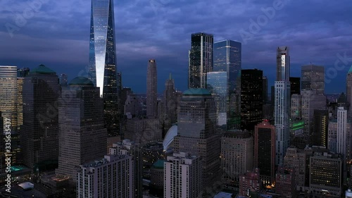 4K Aerial photograph of New York Skyline at Dusk, Manhattan financial District