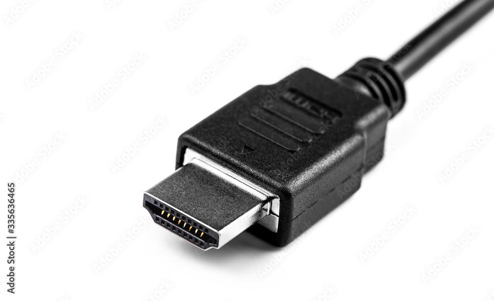 HDMI plug, cable closeup on white background, macro. HDMI plug, cable closeup on white background, macro.