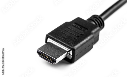 HDMI plug, cable closeup on white background, macro.