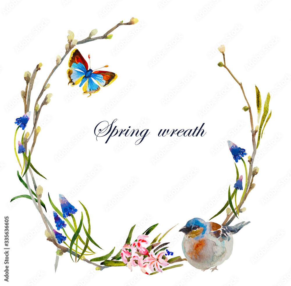 Spring floral wreath pattern with twigs, butterfly and chaffinch bird. Original watercolor template with place for text on white background