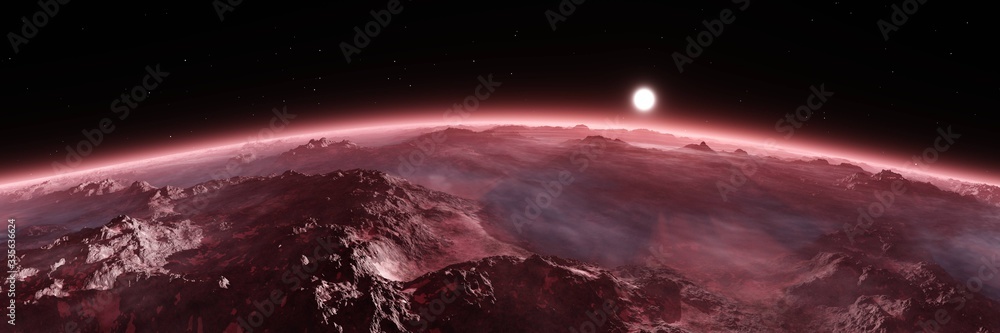 Planet from orbit, Mars at sunrise, sunset over Mars, 3D rendering