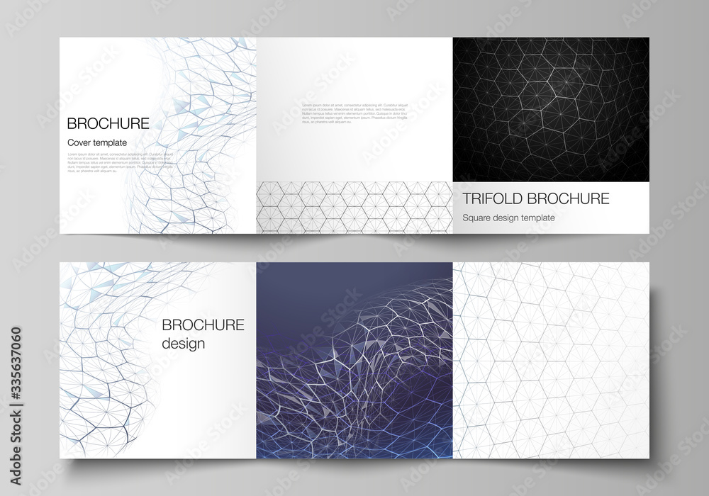 Vector layout of square format covers design templates for trifold brochure. Digital technology and big data concept with hexagons, connecting dots and lines, polygonal science medical background. Vector layout of square format covers design templates for trifold brochure. Digital technology and big data concept with hexagons, connecting dots and lines, polygonal science medical background.
