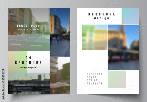 Vector layout of A4 cover mockups design templates for brochure, flyer layout, booklet, cover design, book design, brochure cover. Abstract project with clipping mask green squares for your photo.
