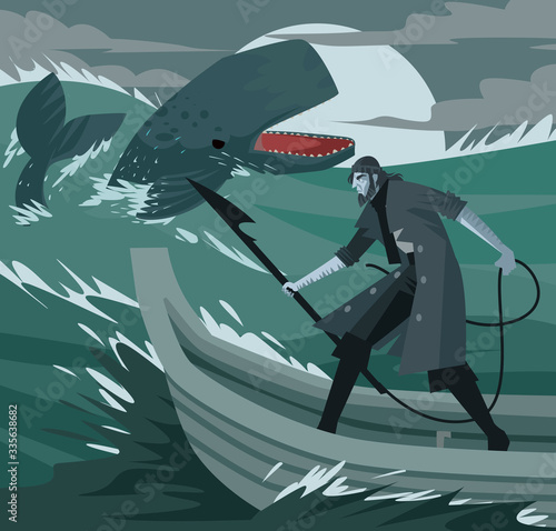 captian ahab with an harpoon hunting moby dick whale photo