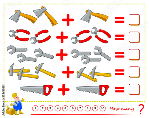 Math education for children. Count the quantity working tools, solve examples and write numbers. Printable worksheet for kids. Logic puzzle. Mathematics exercise book on addition. Flat cartoon vector.