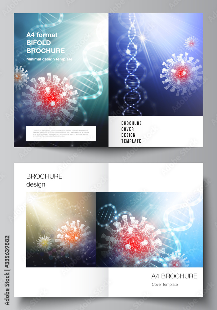 Vector layout of two A4 cover mockups templates for bifold brochure, flyer, magazine, cover design, book design. 3d medical background of corona virus. Covid 19, coronavirus infection. Virus concept.