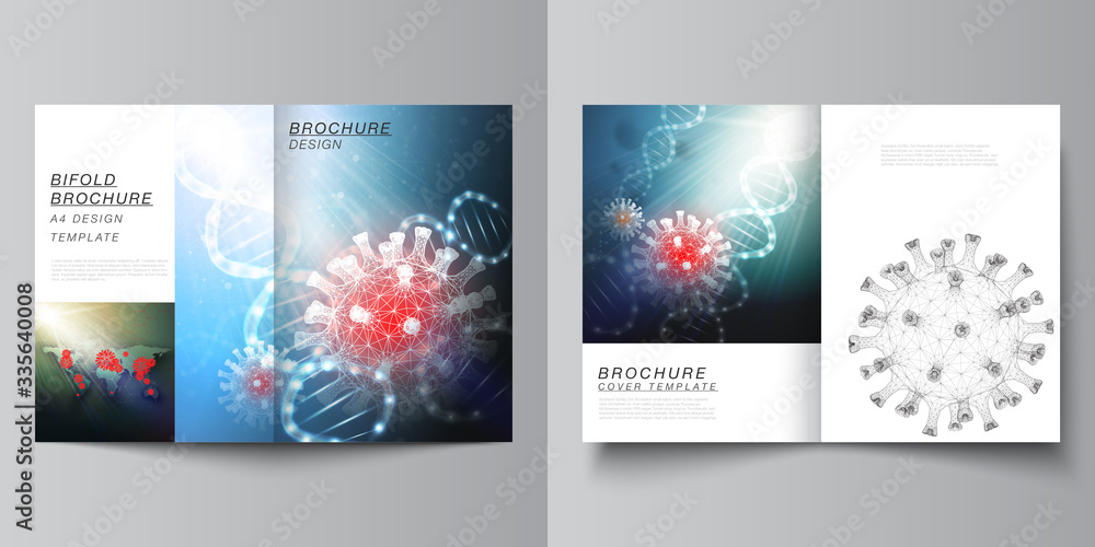 Vector layout of two A4 cover mockups templates for bifold brochure, flyer, magazine, cover design, book design. 3d medical background of corona virus. Covid 19, coronavirus infection. Virus concept. Vector layout of two A4 cover mockups templates for bifold brochure, flyer, magazine, cover design, book design. 3d medical background of corona virus. Covid 19, coronavirus infection. Virus concept.