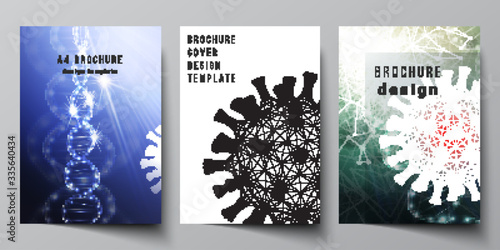 Vector layout of A4 cover mockups templates for brochure, flyer layout, booklet, cover design, book design. 3d medical background of corona virus. Covid 19, coronavirus infection. Virus concept.
