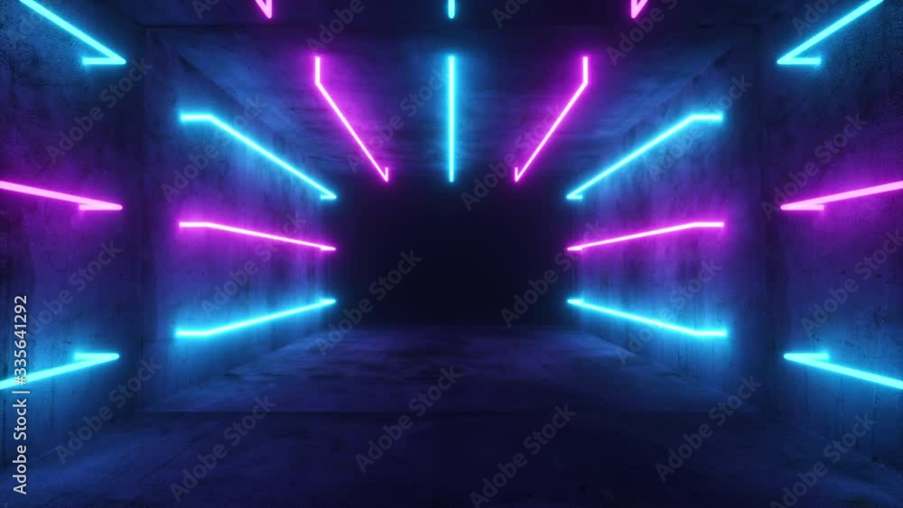 Flying in an abstract blue and purple futuristic interior. Corridor with neon luminous fluorescent lamps turned on. Futuristic architecture background. Concrete wall. Seamless loop 3d render
