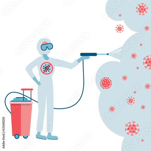 Disinfectant worker wear protective mask and suit sprays coronavirus or covid-19. Flat vector illustration for virus illnesses like coronavirus, sars, mers.