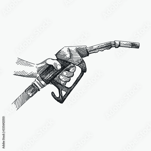 Hand-drwan sketch of oil and gas recovery automatic refueling gun in a hand. Hand holding a refueling gun