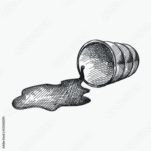 Hand-drawn sketch of a fuel barrel. Oil coming out of the fallen barrel. Puddle of oil from the barrel. Spilt oil