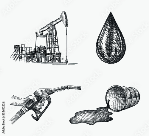 Hand-drawn set of oil industry attributes. Set includes hand holding a refueling gun, oil pump for oil extracting, huge drop of fuel and oil, fallen bfuel barrel with oil/fuel coming out. 