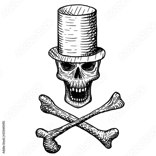 Hand-drawn skull of a dead man in a top hat, with crossbones, on a white background. Vector illustration (ID: 335643415)