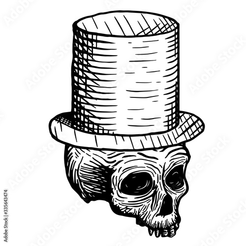 Hand-drawn skull of a dead man in a top hat, on a white background. Vector illustration (ID: 335643474)