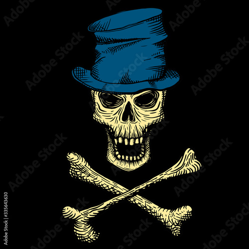 Hand drawn skull of a dead man in a blue crumpled top hat, with crossbones, on a black background. Vector illustration (ID: 335643630)